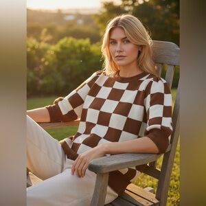 BaeVely Checked Brown & Cream Sweater With Puff Sleeves Size Small